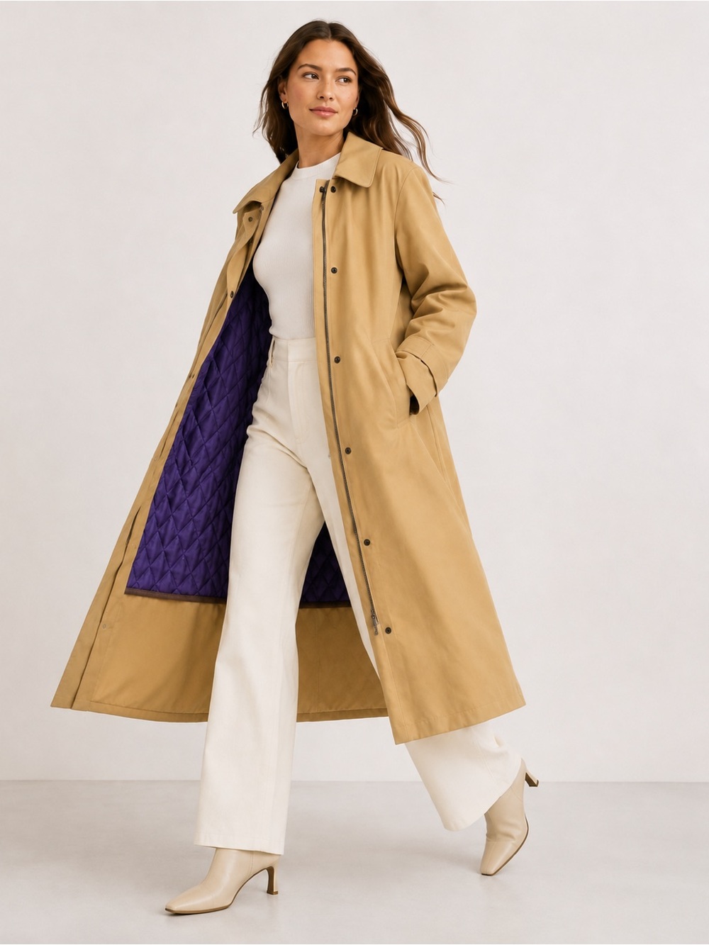 Ralph Lauren Camel Car Coat Purple Quilted Lining Minimalist Trench L
